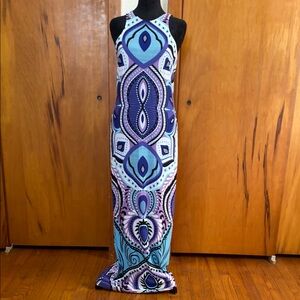 VENUS Blue Purple Halter Maxi Dress Abstract Pattern Racerback w/ Small Cutout
